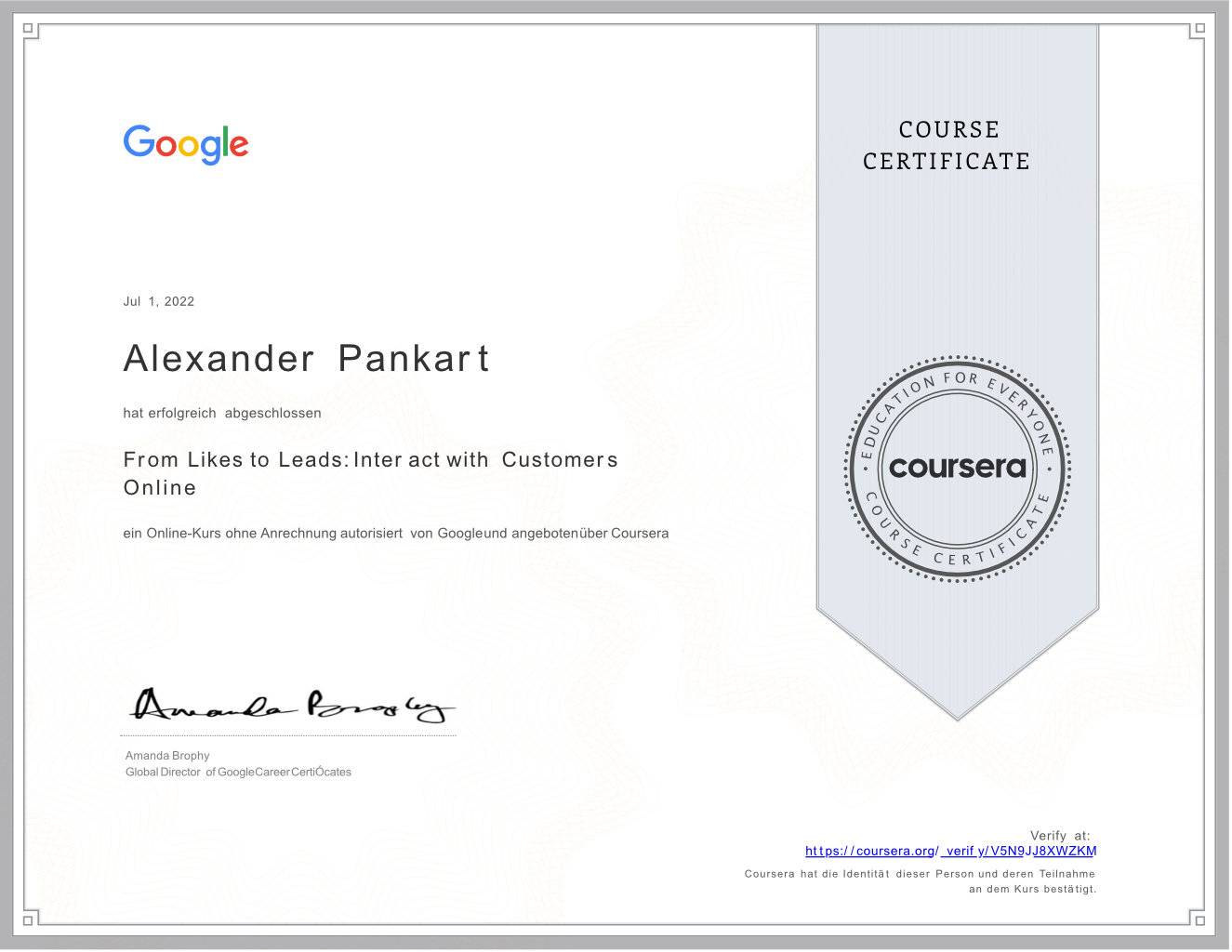 Alexander Pankart - Coursera Zertifikat From Likes to Leads Interact with Customers Online