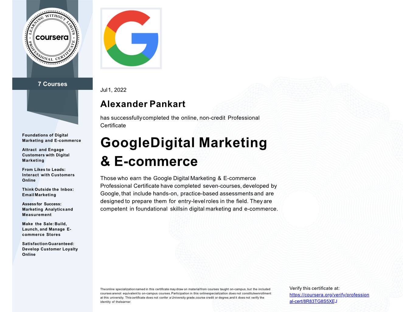 Alexander Pankart - Coursera Zertifikat Google Digital Marketing und eCommerce
